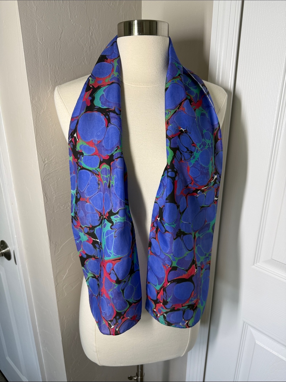 Blue/ purple  with pink, green, and black abstract print hand dyed silk scarf
